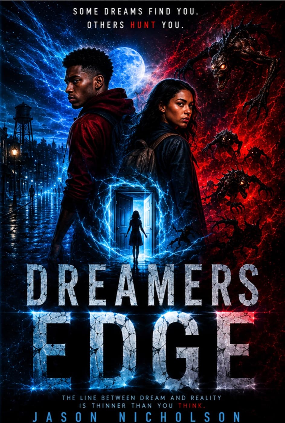 Dreamers Edge Book One cover: two dreamers between a blue dream realm and a red nightmare realm